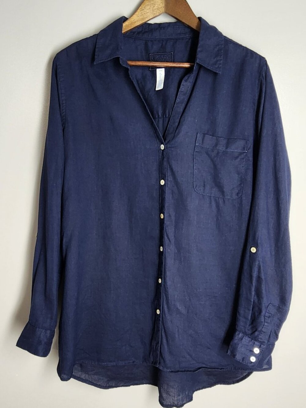 Sigrid Olsen Navy Blue 100% Linen Button Down Tunic Shirt Roll Tab Large